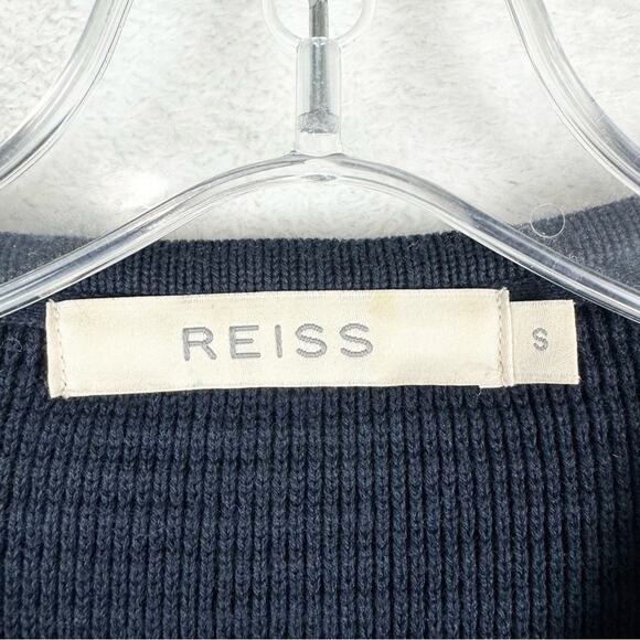 REISS Ribbed Textured Asymmetric Zip Front Sweater Jacket Navy S Preppy Minimal - Picture 6 of 12